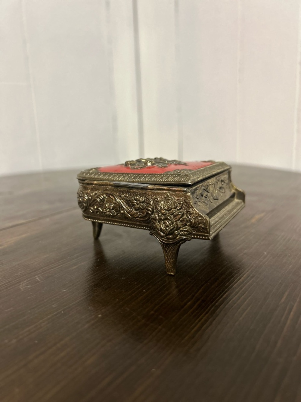 Piano Shaped Vintage Brass Gold and Red Velvet Trinket Jewelry Box, Ornate